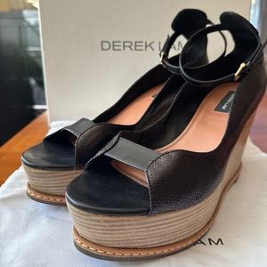 Derek Lam Black Manhattan Wood Wedge Platform Heels Sandals